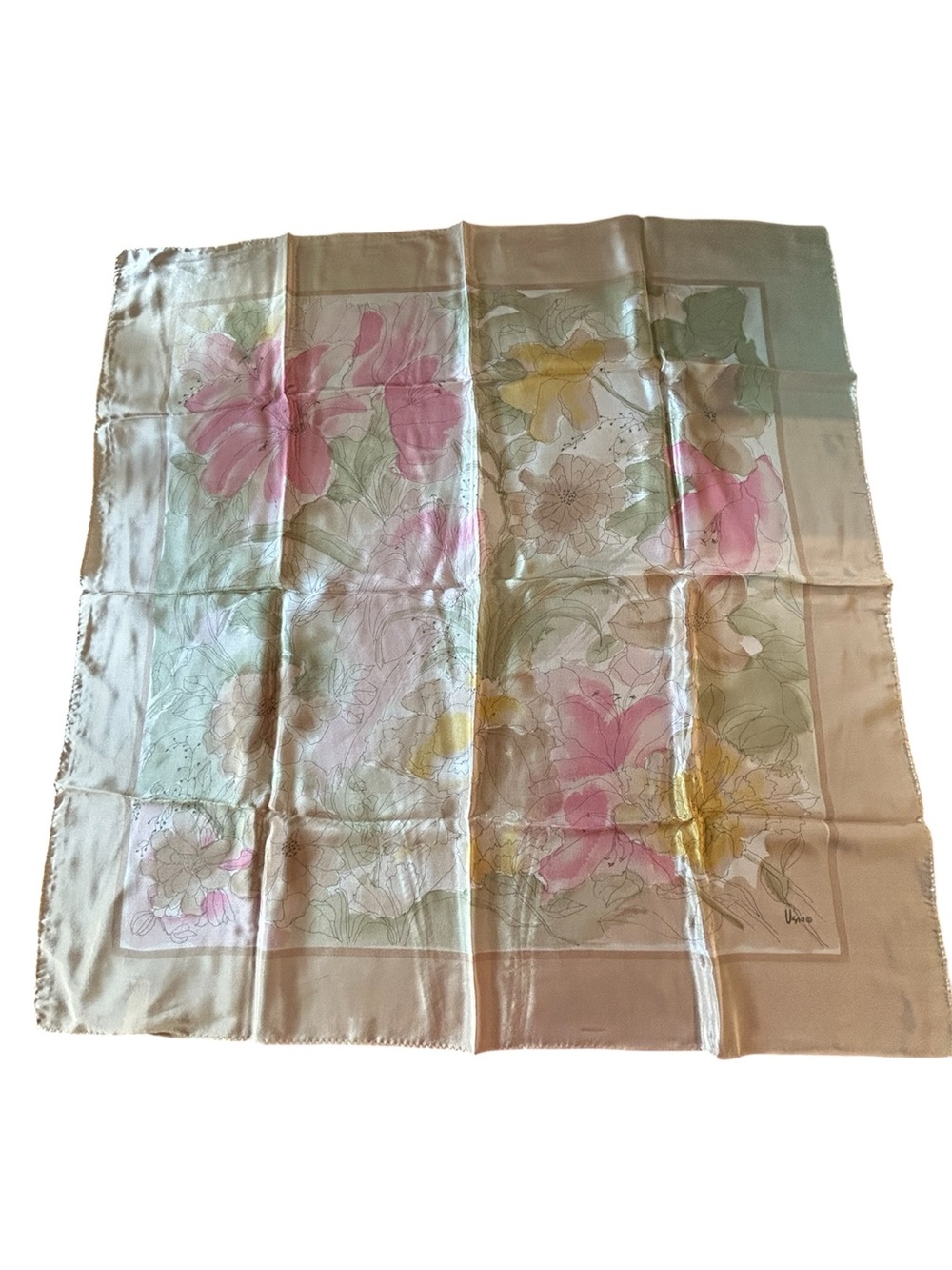 Vera Vintage Floral Pastel Silk Scarf in Pink, Yellow & Green